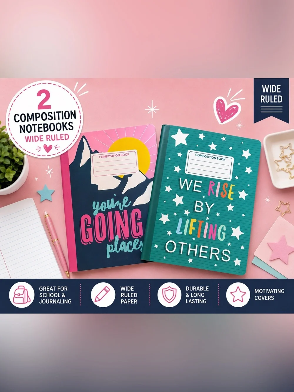 Composition Book Notebook - Teal and Pink Motivational Covers